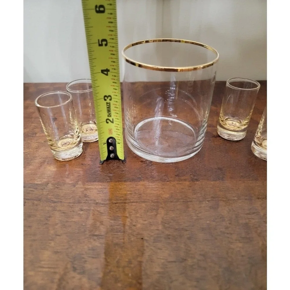 Vintage MCM Shot Glass Set w/ Holder Barware Gold Tone‎ Rim Retro
